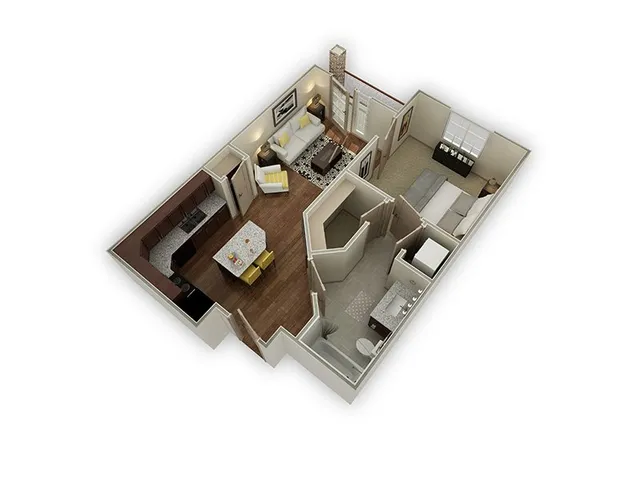 Charming 3D floor plan showcasing a cozy one-bedroom apartment with a modern kitchen, inviting living room, and well-appointed bathroom.
