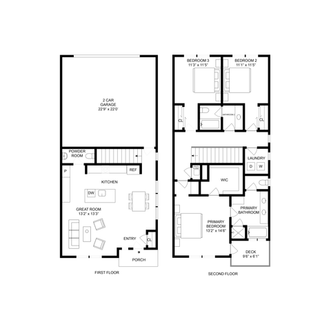 Modern 2-story floor plan featuring 3 bedrooms, a great room, and a spacious kitchen with porch entry and 2-car garage.