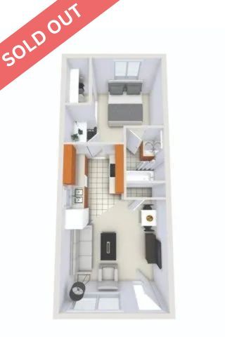 Modern 3D apartment layout featuring a cozy bedroom, sleek kitchen, and inviting living area, highlighted as sold out.