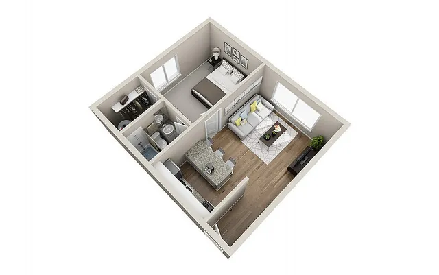 Modern 3D floor plan featuring a cozy one-bedroom layout with a stylish open-concept living and kitchen area, sleek bathroom, and abundant natural light.