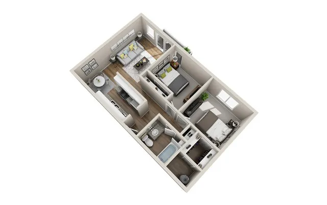 Modern 3D floor plan showcasing a cozy 2-bedroom apartment with an open-concept living and dining area, sleek kitchen, and two well-appointed bathrooms.