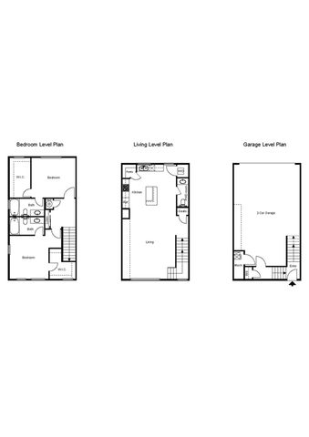 Modern townhouse floor plan showcasing two bedrooms with walk-in closets, an expansive open-concept living and kitchen area, and a convenient two-car garage.