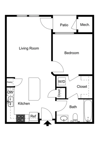 Modern apartment floor plan featuring a cozy bedroom, spacious living room, open kitchen with island, convenient patio, and bathroom with washer/dryer space.