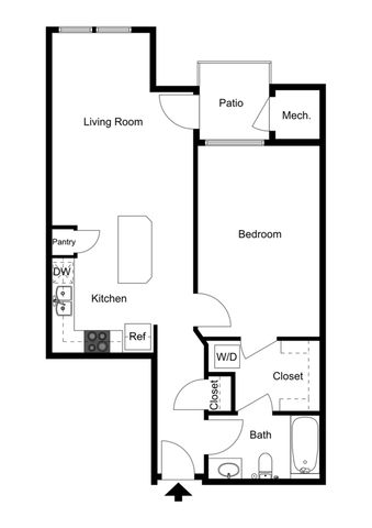 Modern 1-bedroom floor plan with open kitchen, spacious living room, and private patio.