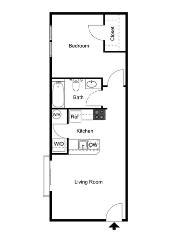 Chic 1-bedroom apartment floor plan with spacious living room, modern kitchen, and convenient bath layout.