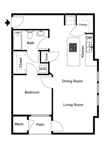 Modern 1-bedroom apartment floor plan featuring a stylish kitchen with island, cozy dining and living area, spacious bath, and private patio.