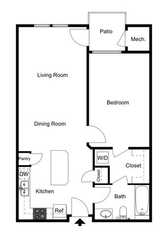 Modern 1-bedroom floor plan with spacious living and dining area, functional kitchen with pantry, cozy patio, and convenient laundry space.