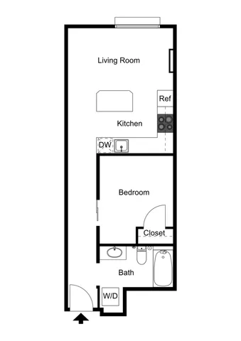 Modern 1-bedroom apartment floor plan featuring an open kitchen, spacious living room, and convenient bath and closet layout.