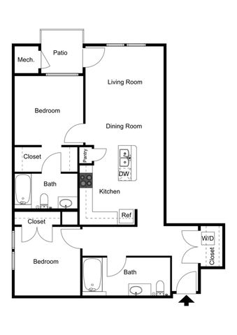 Modern floor plan displaying 2 spacious bedrooms, 2 bathrooms, an open kitchen, dining, and living room with patio access.