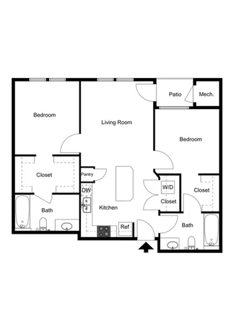 Modern 2D floor plan showcasing 2 spacious bedrooms, an inviting living room, efficient kitchen with island, 2 bathrooms, and a cozy patio.