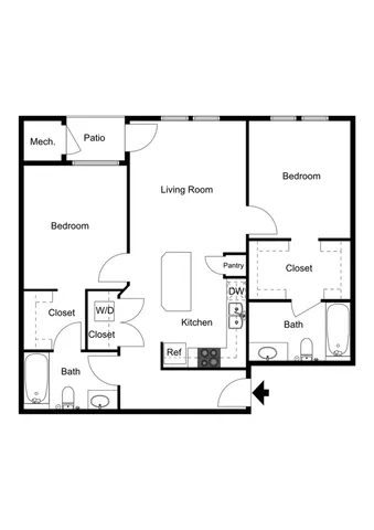 Modern floor plan featuring 2 spacious bedrooms, open-concept kitchen and living room, patio, and dual baths with convenient storage closets.