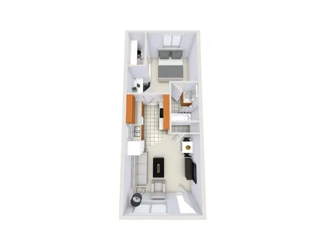 Modern 3D floor plan showcasing a sleek single-bedroom apartment with an open kitchen and cozy living area.