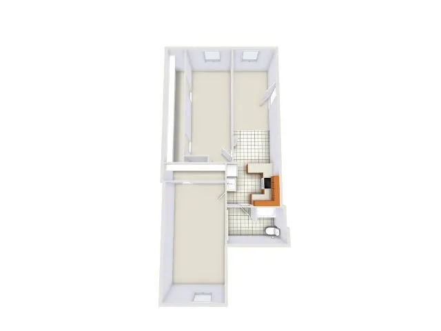 Modern 3D floor plan displaying two spacious bedrooms, a cozy bathroom, and an efficient kitchen layout.