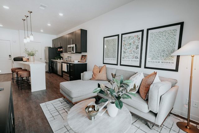 Chic open-concept living room and kitchen with modern decor, cozy seating, and elegant lighting.
