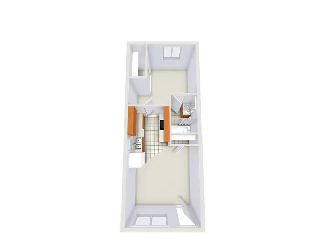 Modern 3D floor plan layout featuring a streamlined single-bedroom design with integrated kitchen and cozy living area.