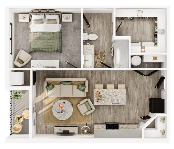 Contemporary 1-bedroom apartment floor plan featuring a spacious living area, modern kitchen with island seating, luxurious bathroom, and walk-in closet.