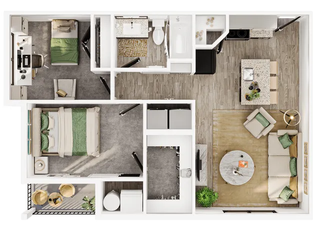 Modern floor plan featuring 2 spacious bedrooms, a contemporary kitchen with island seating, and a cozy living area with a stylish seating arrangement.