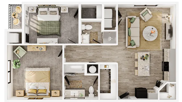Elegant 2D floor plan showcasing two cozy bedrooms, a modern open kitchen with island seating, and a spacious living area with natural light.