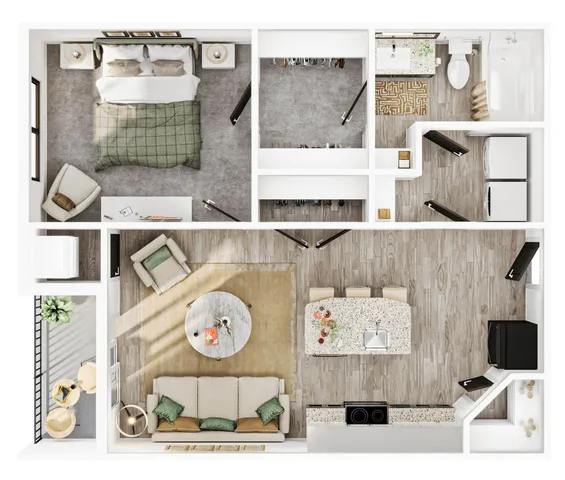 Modern 1-bedroom apartment floor plan showcasing an open-concept living area, stylish kitchen with island, cozy bedroom, and private balcony.