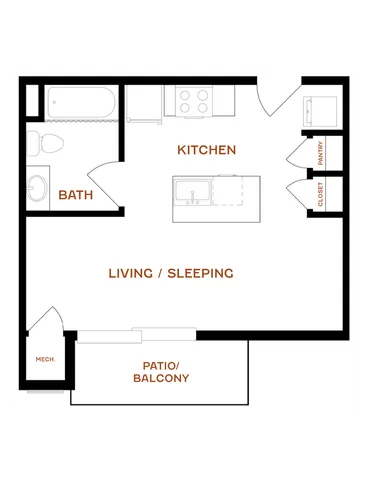 Compact studio floor plan featuring an open-concept kitchen, living/sleeping area, and a cozy patio/balcony.