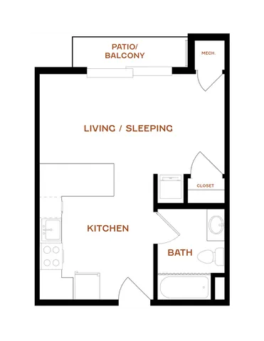 Modern studio floor plan with spacious living and sleeping area, fully equipped kitchen, and inviting patio balcony.