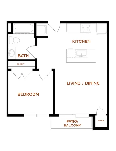 Modern one-bedroom apartment floor plan featuring a kitchen, open living and dining area, bathroom, and a private patio/balcony.
