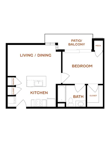Modern apartment floor plan featuring a spacious living and dining area, well-equipped kitchen, cozy bedroom, and a relaxing patio/balcony.