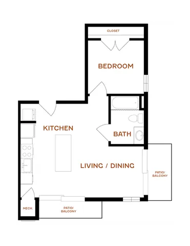 Contemporary 1-bedroom floor plan with open kitchen, cozy living/dining area, and dual patios for outdoor enjoyment.