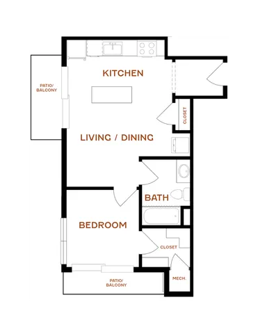 Modern floor plan showcasing a spacious kitchen, open living and dining area, cozy bedroom, and luxurious bath with dual patios for enhanced outdoor living.