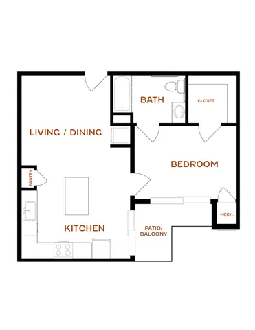 Elegant floor plan showcasing a cozy 1-bedroom apartment with a spacious living/dining area, modern kitchen, full bath, and inviting patio/balcony.