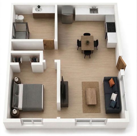 Modern 3D floor plan showcasing a cozy one-bedroom apartment with an open-concept kitchen, dining area, and spacious living room.