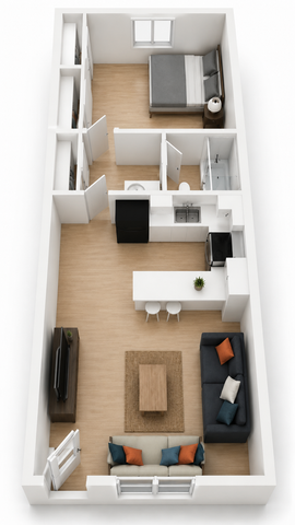 Modern 3D apartment layout showcasing an elegant bedroom, sleek kitchen with breakfast bar, and cozy open-plan living area.