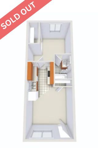 Sleek 3D floor plan of a modern apartment featuring an open kitchen, compact living space, and cozy layout, marked as sold out.