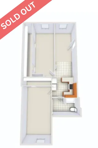 Compact 3D floor plan highlighting two-bedroom layout with open kitchen and bathroom, marked as sold out.