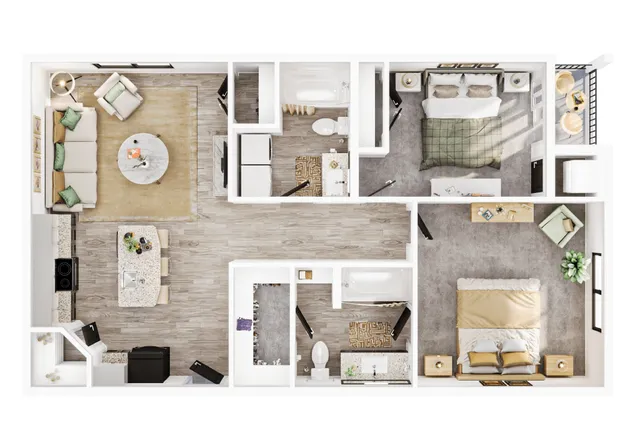 Modern 2D floor plan showcasing a chic two-bedroom apartment with an open-concept living room, sleek kitchen island, elegant bathrooms, and a cozy dining area.