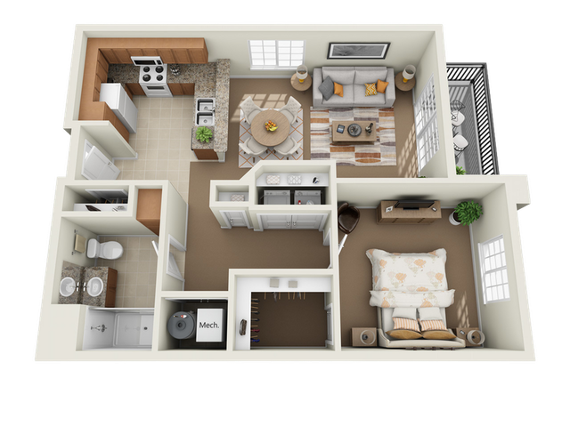 Charming 3D floor plan featuring an inviting bedroom, modern kitchen with granite countertops, cozy living room, and stylish balcony access.