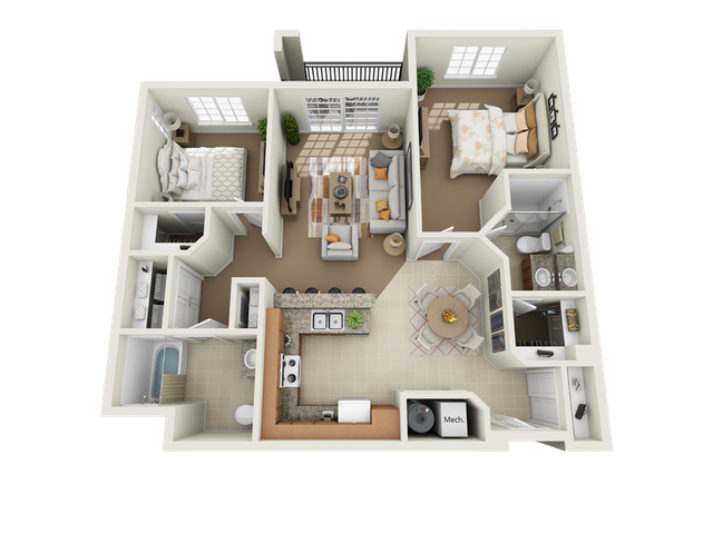 Charming 3D floor plan showcasing 2 cozy bedrooms, inviting living room, modern kitchen with breakfast bar, and 2 elegant bathrooms.