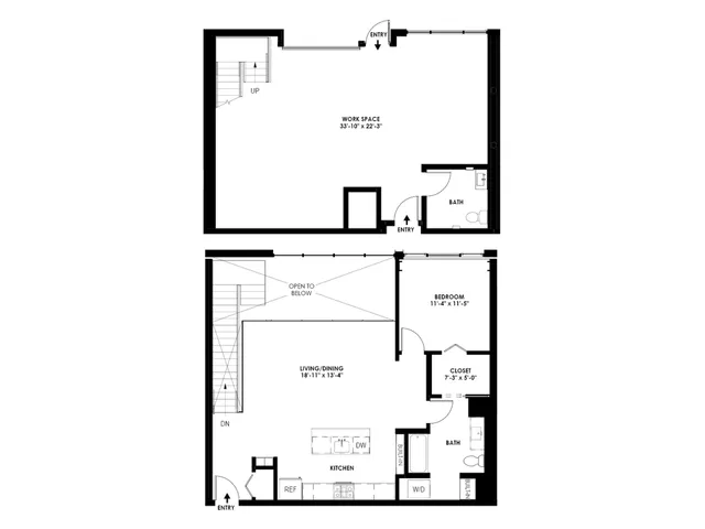 Modern two-level floor plan showcasing a spacious workspace, cozy bedroom, and open living/dining area with a stylish kitchen.