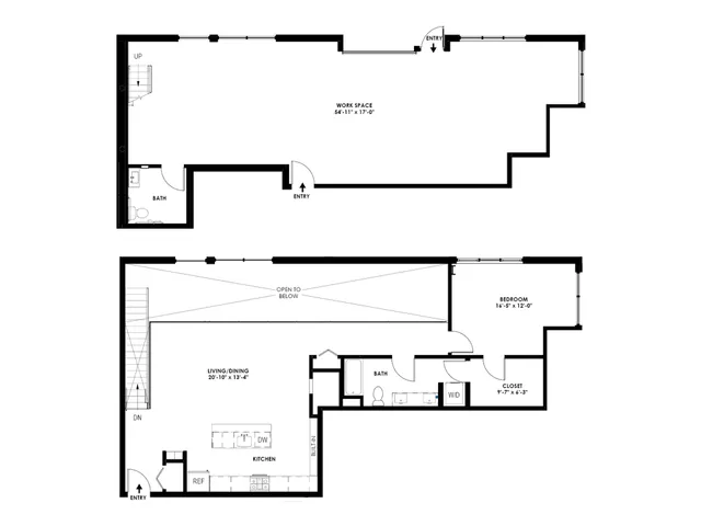 Modern multi-level floor plan featuring a large work space, open-concept living and dining area, spacious kitchen, bedroom with closet, and multiple baths.
