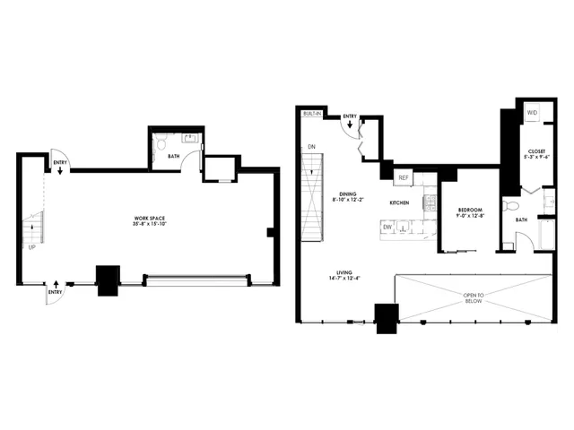 Chic dual-level floor plan featuring a spacious workspace, modern kitchen, cozy bedroom, and open-concept living area with a balcony.