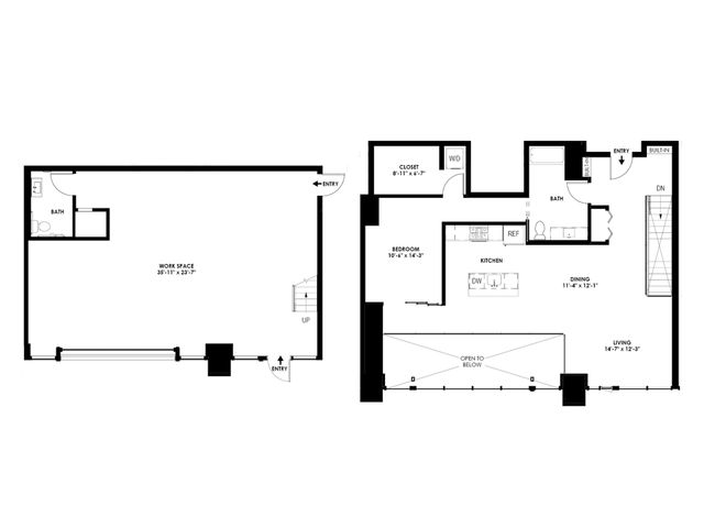 Modern duplex floor plan featuring open workspace, 1 bedroom, sleek kitchen, and spacious living area.