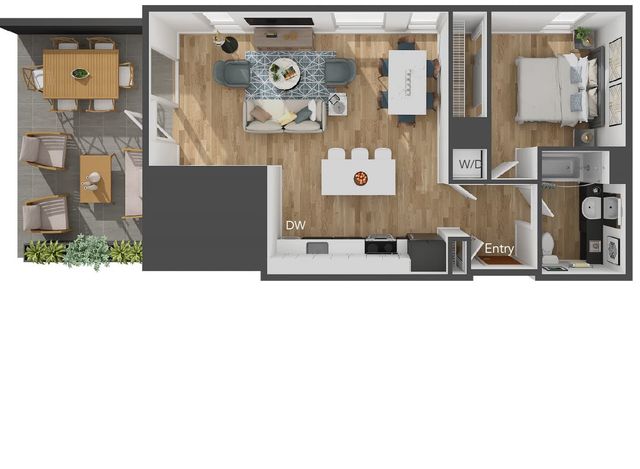 Modern apartment floor plan showcasing one bedroom, open-concept living area, sleek kitchen with dining island, and spacious balcony for outdoor enjoyment.