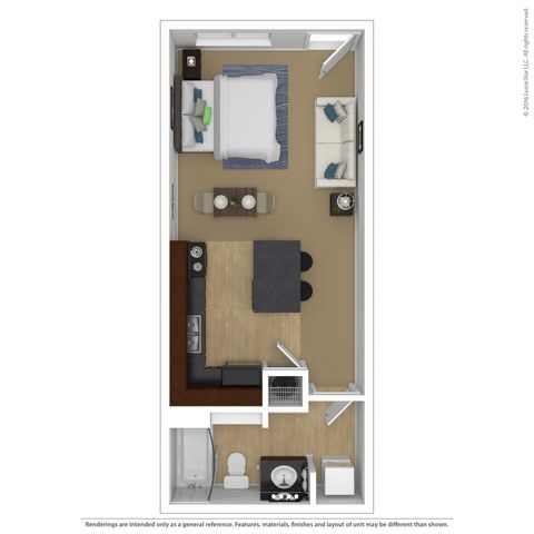 Modern 2D floor plan featuring a spacious studio apartment with an inviting living area, full kitchen, and elegant bathroom.