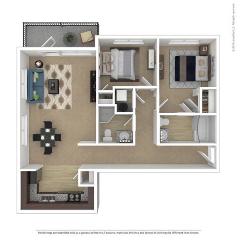 Elegant 3D floor plan showcasing a spacious two-bedroom apartment with an open-concept living and dining area, modern kitchen, and cozy balcony.