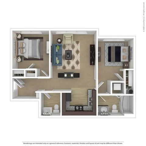 Elegant floor plan showcasing 2 spacious bedrooms, modern open-concept living area, chic dining space, and a gourmet kitchen.
