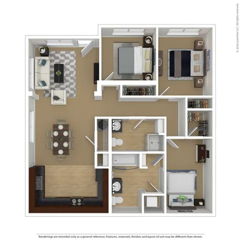 Modern 3D floor plan featuring 3 bedrooms, an open living area, sleek kitchen, and two stylish bathrooms.