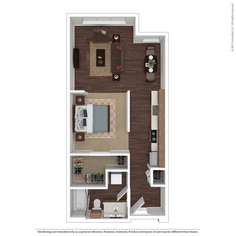 Modern 2D floor plan showcasing a cozy one-bedroom apartment with a spacious living area, elegant kitchen, and well-appointed bathroom.
