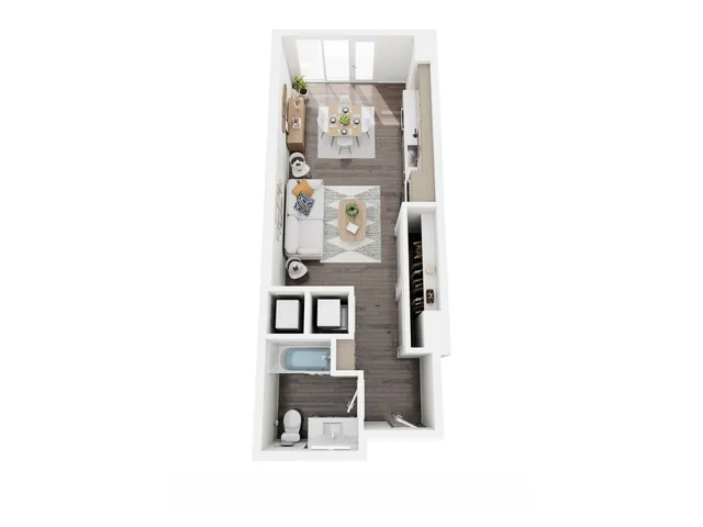 Sleek floor plan showcasing an open living and dining area, modern kitchen, cozy bedroom with ample closet space, and a stylish bathroom.