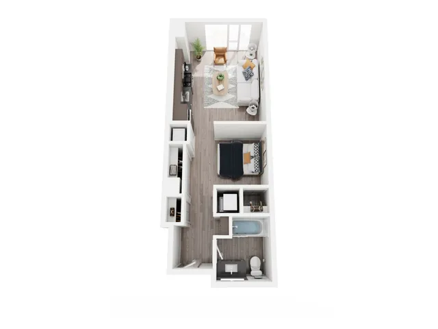 Chic and modern 3D apartment layout featuring a cozy bedroom, sleek kitchen, and inviting living area with natural light.