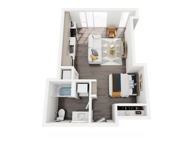 Chic apartment floor plan showcasing a cozy bedroom, elegant living area, sleek kitchen, and modern bathroom.
